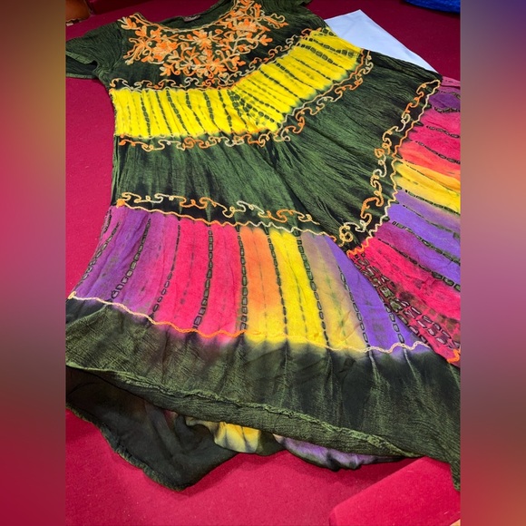 Green FESTIVAL GYPSY Flowy rayon DRESS NF Free Size COLORFUL Embroidered Tribal - Picture 8 of 16